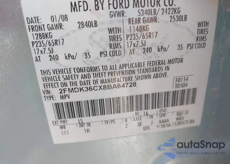 2008 Ford Edge Se z USA, uszkodzony, nr VIN 2FMDK36CX8BA64728